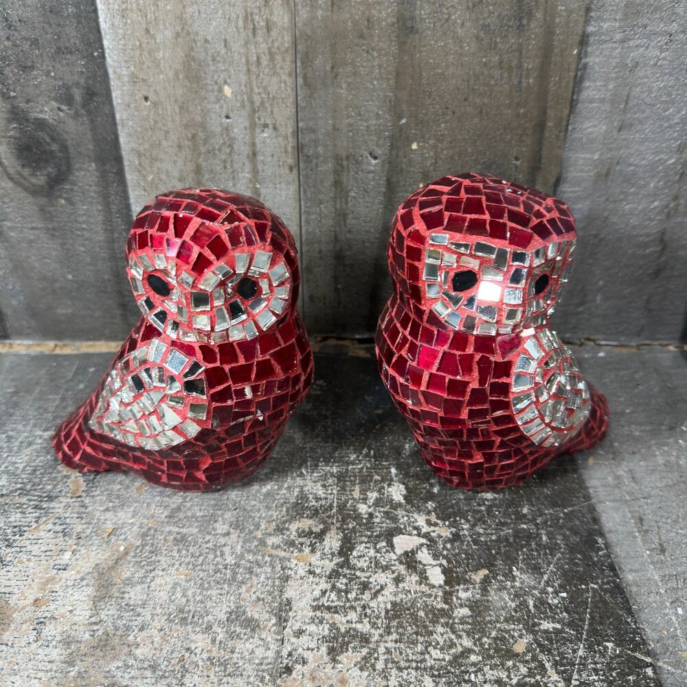 Vintage Mosaic Red Owls Colored Figurine Sculpture Figure Lot Artisan‎ Tiles